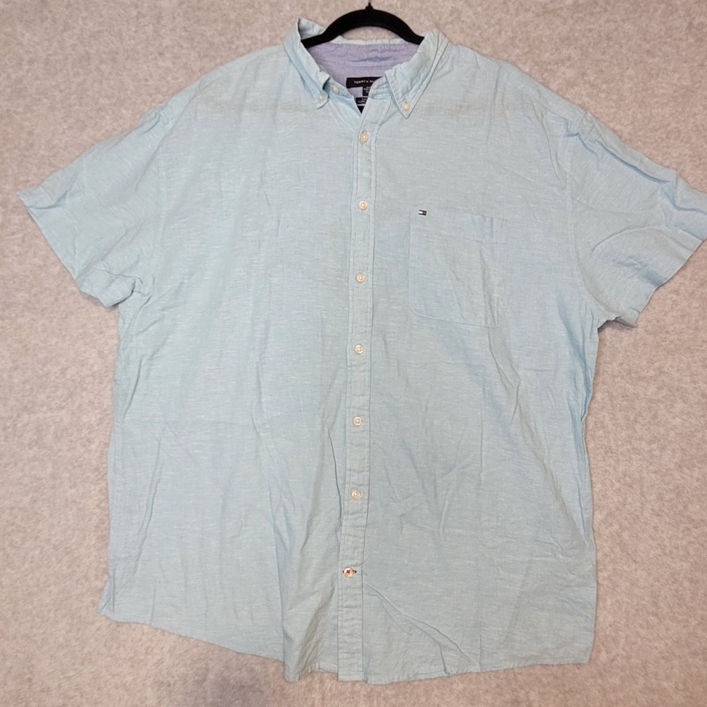 Tommy Hilfiger Mens XXXL Custom Fit Blue Linen Blend Short Sleeve Button Down